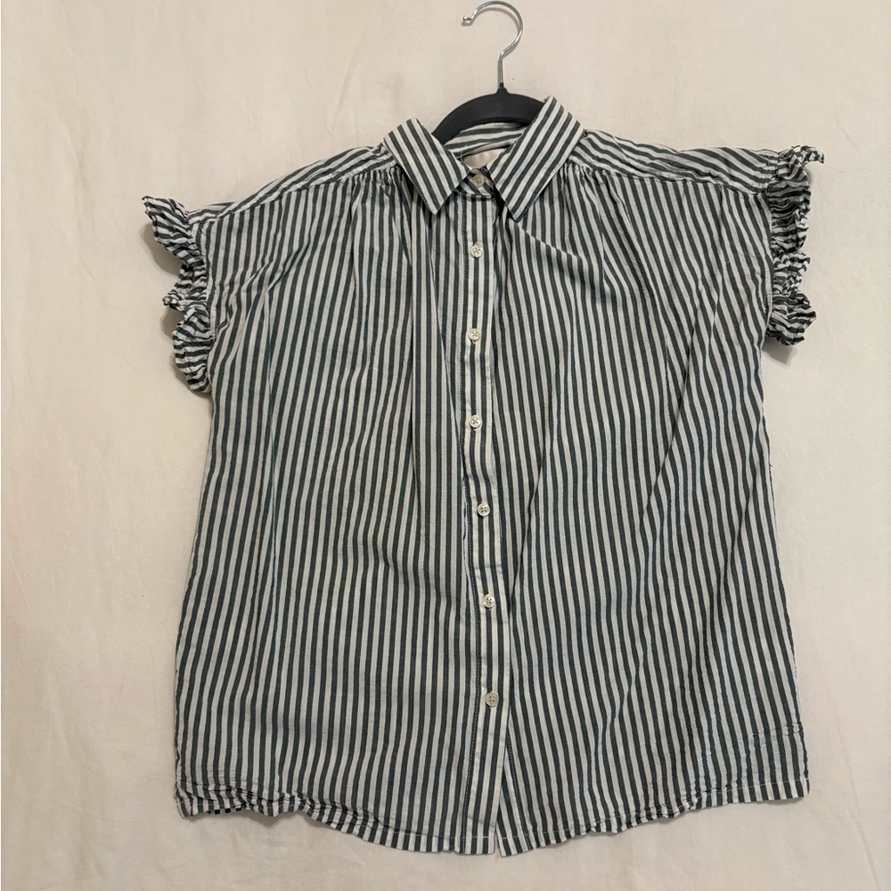White and Green Ruffled Short Sleeve Blouse